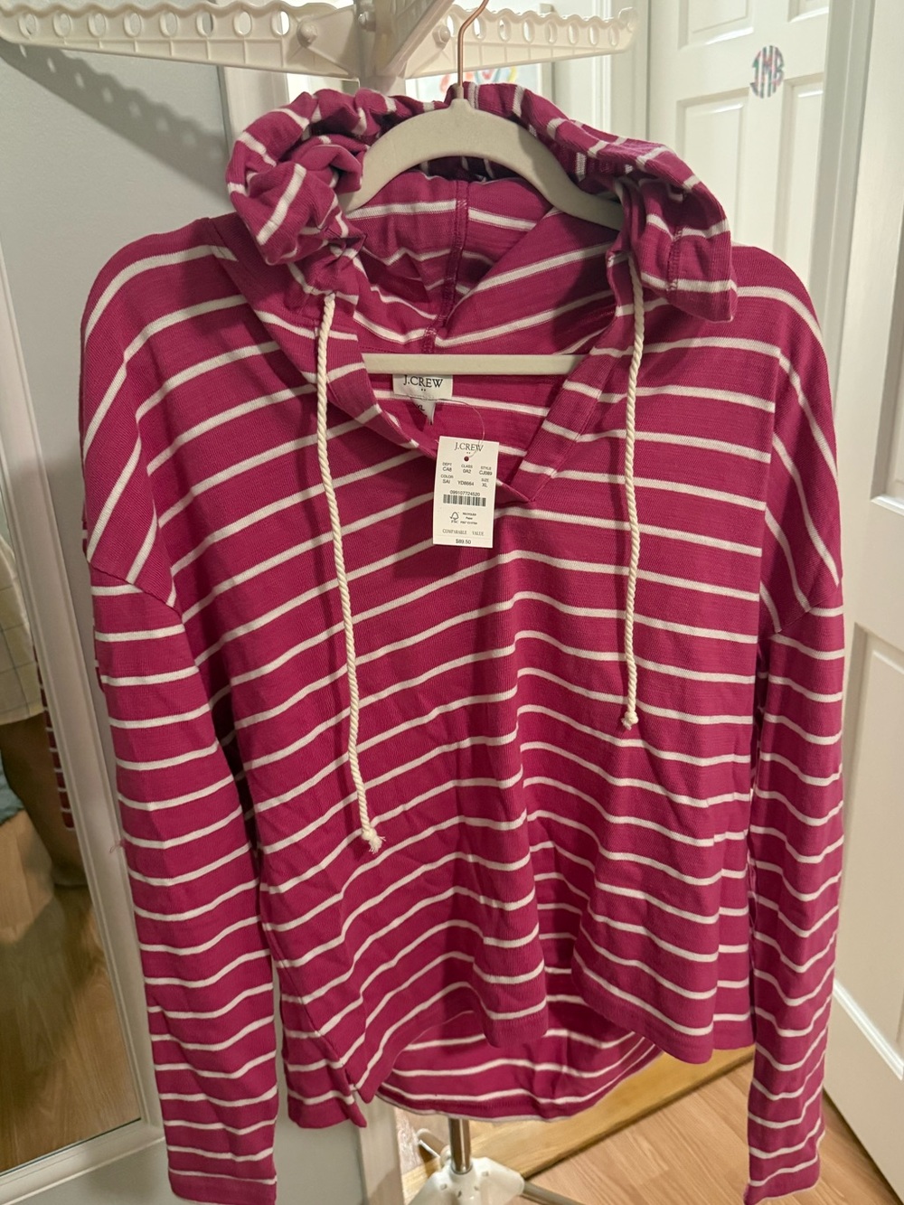 J. Crew Pink and White Striped Hooded Pullover